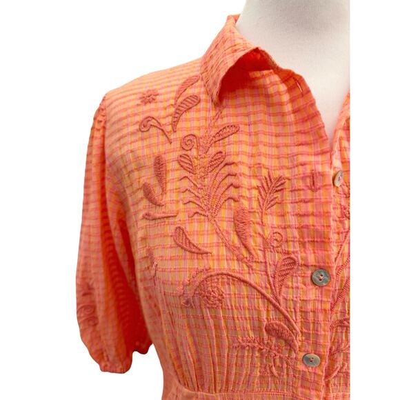 Johnny Was Orla Cotton Shirt Dress PeachPink Vintage Look XS Feminine Embroidery - Picture 6 of 13